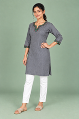 Grey Denim Multi Green Embroidered Split Round Neck Knee Length Kurti - Havva Fashion - Image 3