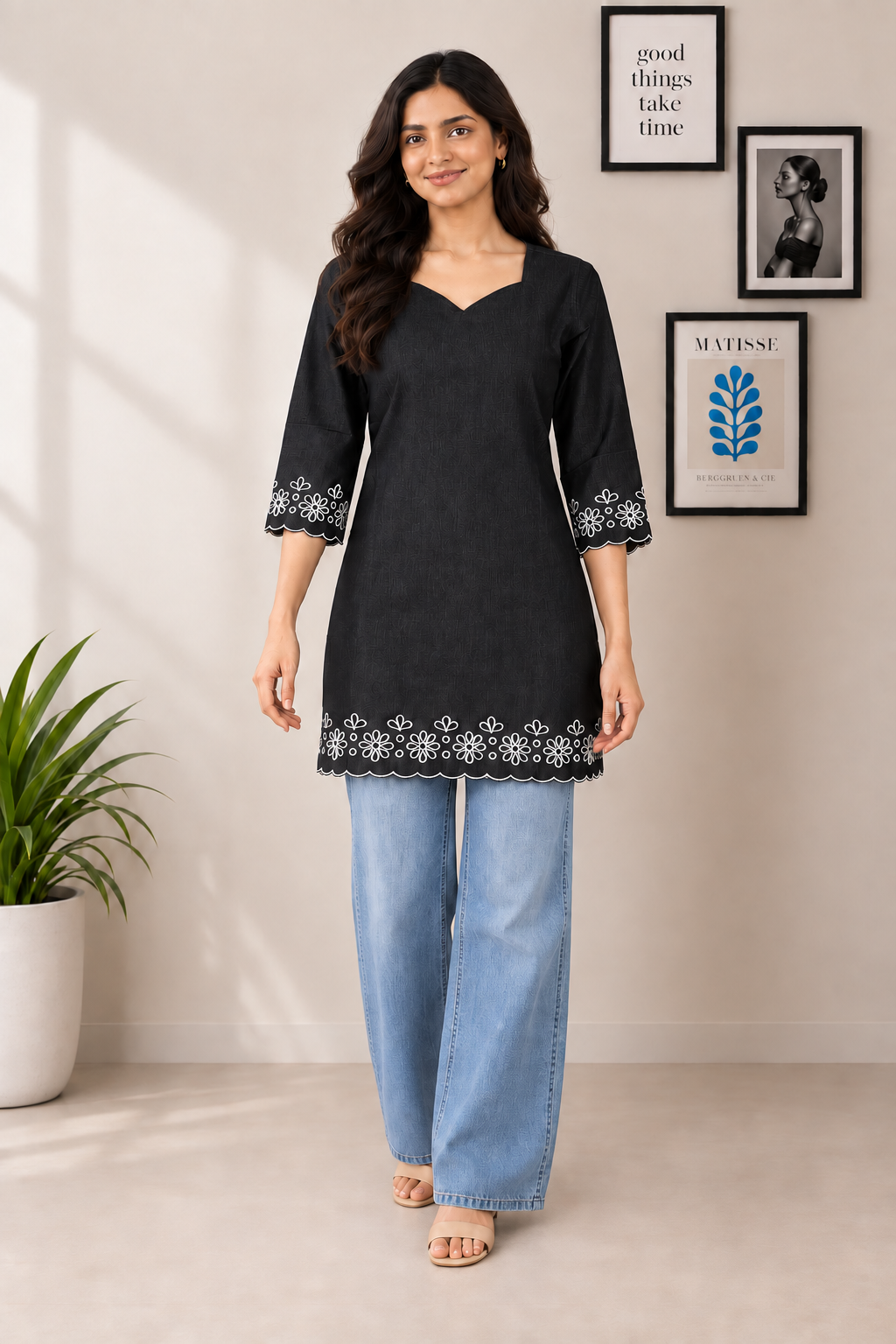 Black Denim Cutwork Embroidered V Neck Knee Length Kurti - Havva Fashion - Image 1