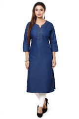 A woman modeling a blue three-quarter sleeve kurta with decorative metallic embroidery around the neckline, paired with white pants and black heels, against a plain white background.