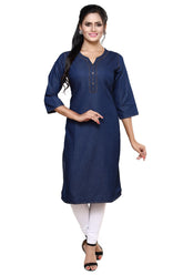 A woman modeling a dark navy blue cotton kurta with three-quarter sleeves, a split neckline, and a buttoned placket, paired with white leggings and black sandals against a plain white background.