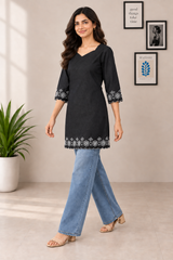 Black Denim Cutwork Embroidered V Neck Knee Length Kurti - Havva Fashion - Image 2