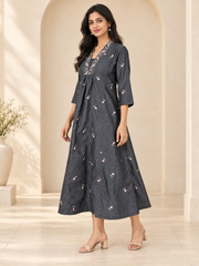 Black Denim Hi Neck Embroidered Pintuck All Over Butta Kali A Line Flare Dress - Havva Fashion - Image 3