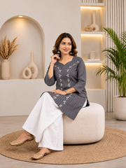 Grey Denim Kantha Dori Embroidered Square V Neck Knee Length Kurti - Havva Fashion - Image 2