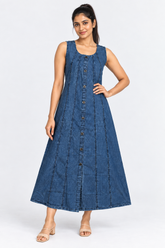 Denim Sleeveless Button Down Kali Midi Dress with Front Slit - Havva Fashion - Image 1