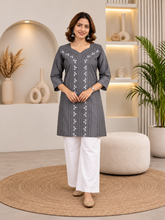 Grey Denim Kantha Dori Embroidered Square V Neck Knee Length Kurti - Havva Fashion - Image 1