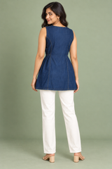 Denim Sleeveless V Neck Solid One Piece with Side Elastic - Havva Fashion - Image 2