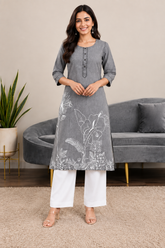 Grey Denim Ball Blast Wash Floral Printed Kurta - Havva Fashion - Image 1