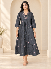 Black Denim Hi Neck Embroidered Pintuck All Over Butta Kali A Line Flare Dress - Havva Fashion - Image 1