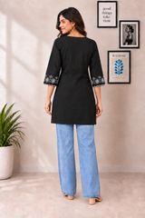 Black Denim Cutwork Embroidered V Neck Knee Length Kurti - Havva Fashion - Image 3