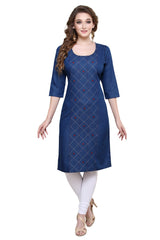 A woman modeling a blue three-quarter sleeve kurta with a subtle diamond pattern, paired with white leggings and beige sandals, against a plain white background.