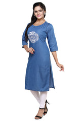 Denim Embroidered Round Neck Kurta