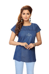 Denim Butta Embroidered Cross Luppi Border Tabla HSL Round Neck Kurti