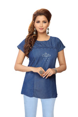 Denim Butta Embroidered Cross Luppi Border Tabla HSL Round Neck Kurti