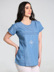 Denim Butta Embroidered Cross Luppi Border Tabla HSL Round Neck Kurti