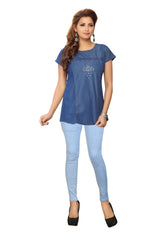 Denim Butta Embroidered Cross Luppi Border Tabla HSL Round Neck Kurti