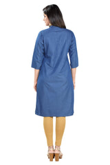 Denim Embroidered Fawn Colour Butta Mandarin Collar Kurta
