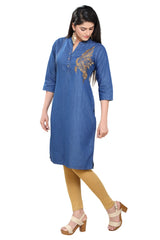 Denim Embroidered Fawn Colour Butta Mandarin Collar Kurta
