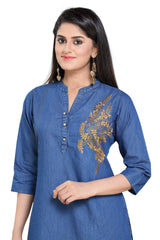 Denim Embroidered Fawn Colour Butta Mandarin Collar Kurta