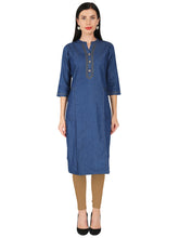 A woman modeling a blue three-quarter sleeve kurta with a buttoned placket, paired with beige leggings and black heels, against a plain white background.