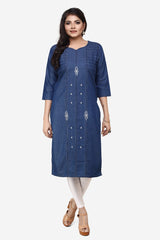 Denim Embroidered Dori Kantha work Round V Neck Kurta