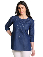 Denim Dori Embroidered butta Round Neck Kurti