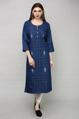 Denim Butta Embroidered Dori Kantha work Round Neck Kurta