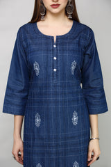 Denim Butta Embroidered Dori Kantha work Round Neck Kurta