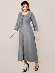 Grey Denim Solid Pintux Cod-dori Kurta Patti Round Neck A Line Dress
