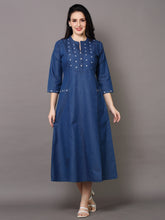 Denim Star Embroidered Mandarine Collar A Line Dress