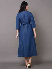 Denim Star Embroidered Mandarine Collar A Line Dress