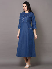 Denim Star Embroidered Mandarine Collar A Line Dress