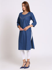 Denim Solid Kantha Work Kurta Patti with Button Round Neck Kurta