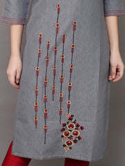 Denim Embroidered Butta up down Mandarine Collar Kurta