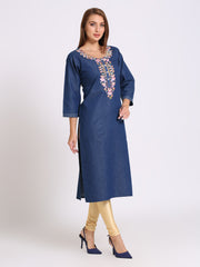 Denim Embroidered Round Neck Kurta