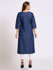 Denim Embroidered Round Neck Kurta