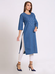 Denim Embroidered Kurta