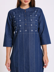 Denim Embroidered Dori stiches work Mandarine Collar Kurta