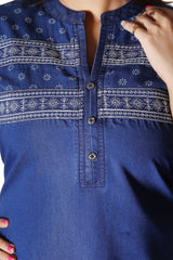 Denim Printed Sequence Embroidered Tabla Mandarine Collar Kurta