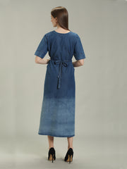 Denim Solid Fawn clr Stichs V Neck SL One-pieces Dress with belt
