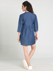 Denim Embroidered One Piecs Above Knee