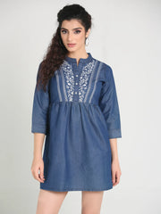 Denim Embroidered One Piecs Above Knee