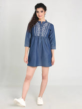 Denim Embroidered One Piecs Above Knee