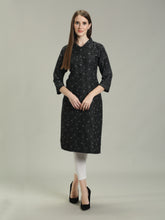 Black Denim allover Printed Apple Cut one side Pocket Shirt Collar Kurta