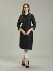 Black Denim allover Printed Apple Cut one side Pocket Shirt Collar Kurta
