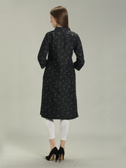 Black Denim allover Printed Apple Cut one side Pocket Shirt Collar Kurta
