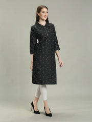 Denim Printed Apple Cut Kurta One Side Pocket