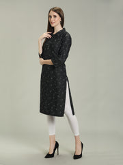 Black Denim allover Printed Apple Cut one side Pocket Shirt Collar Kurta