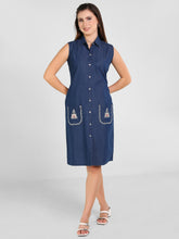 Denim Pocket Embroidered Shirt Collar One Piece