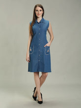 Denim Pocket Embroidered Shirt Collar One Piecs