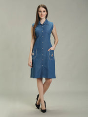 Denim Pocket Embroidered Shirt Collar One Piecs